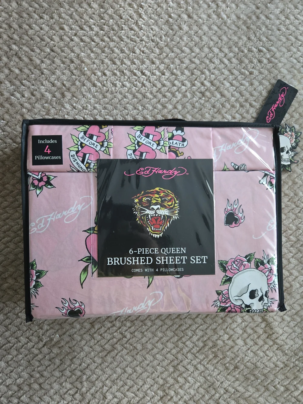 Ed Hardy Queen 6 Piece Pink Skull Rose Tattoo Sheet Set